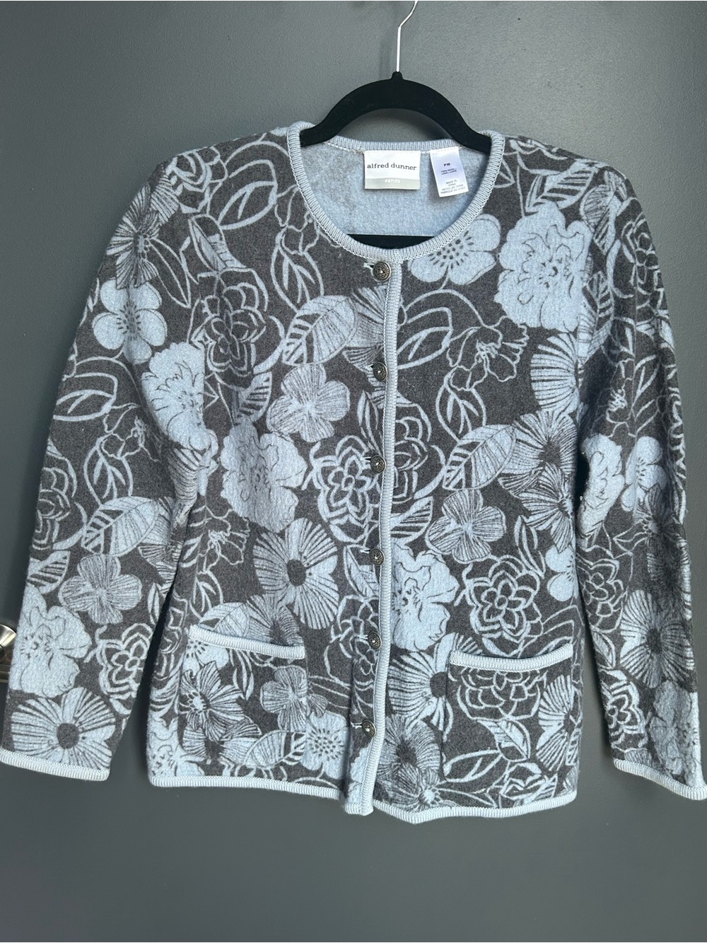 Alfred Dunner Floral Jacquard Crewneck Cardigan - Light Blue and Gray